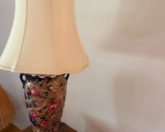 Oversized Vintage Moriage Satsuma Style Lamp. Stunning Cobalt Porcelain with Elaborate Raised Gold Moirage decoration. Lamp