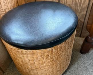 Wicker Leather Top Ottoman