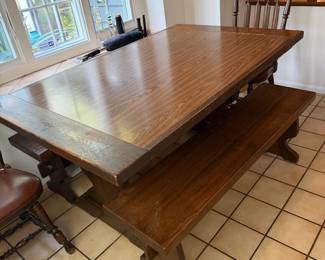 Ethan Allen  Oak Trestle Table with 2 Matching Bench's