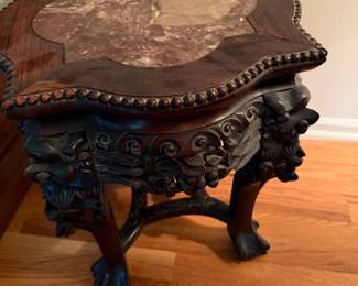 Antique Carved Chinese Ornate Stand/Inset Marble Figural Pedestal Plant Stand