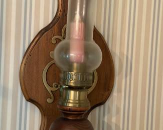 1970's Wood, Glass Hurricane  Candle  Wall Sconces Pair