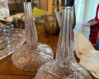 Pair Vintage Cut Crystal Candlesticks with Sterling Silver Tops