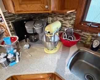 Kitchen Aid mixer with attachments, Keurig coffeemaker etc