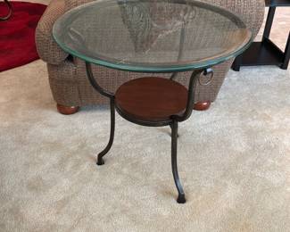 Glass round End Table with wooden bottom shelf