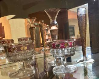 Vintage Francolini Red & Gold Rim Glasses/ Desert Cups & Glastonbury Gold Lotus Tall Champagne Flute & Bud Vase