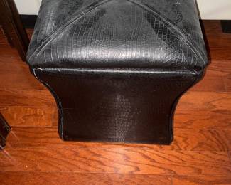 A Pair of Black Faux Crocodile Embossed Leather Button Tufted Square Storage Ottoman