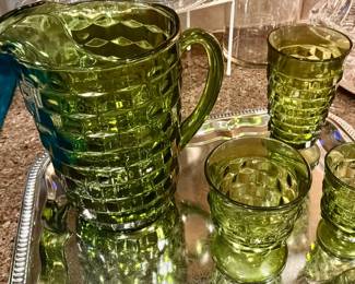 Vintage Indiana Glass Colony Whitehall Cubist Avocado Green Pitcher, Footed Water & Juice Glasses