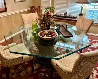 Glass octagon table with four Fabric chairs, wooden base