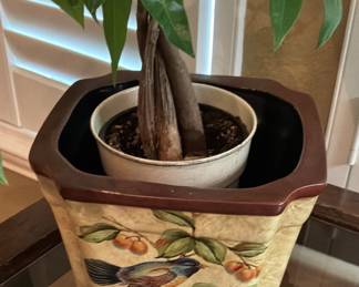 Octagonal, faceted planter, hand-painted, bird and fruit branch motif