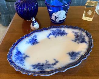 Living Room: flow blue platter, cobalt vase