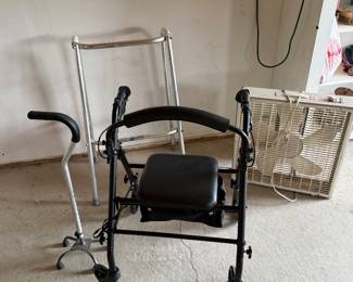 Garage: walkers, cane, box fan
