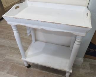 Distressed White Two-Tier Wooden Tray Table on Casters