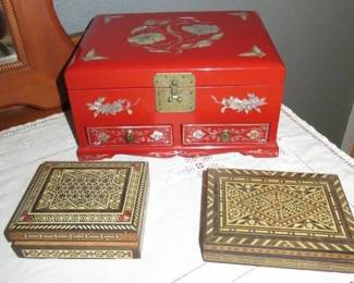 Chinese Red Lacquer Jewelry Box & Khatam Mosaic Marquetry Boxes