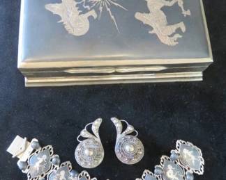 Vintage Siam Sterling Silver Niello Box with Thai Dancers, Matching Sterling Silver Bracelet, Sterling Filigree Clip Earrings