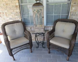 Pair Brown Resin Wicker Patio Armchairs