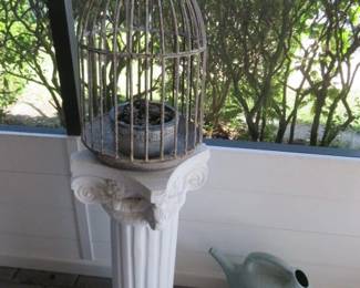 White Corinthian-Style Column, Decorative Metal Bird Cage
