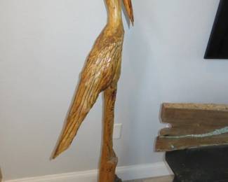 Large Hand-Carved Solid Wood Standing Heron/Crane Sculptures
