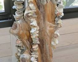 Coastal Wood Sculpture with strung seashells/barnacles