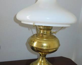 Brass/Milk Glass Shade Electric Hurricane Lamp