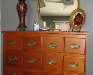 Antique Wooden Apothecary Style Tallboy Dresser w/16 Drawer & Brass Beehive Drawer Pulls