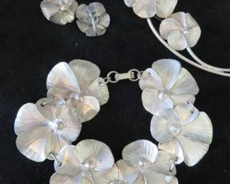 Sterling Silver Hydrangea Flower Bracelet, Brooch Pin & Screw Back Earrings