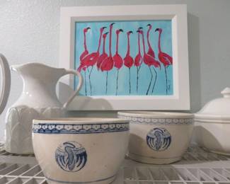 Chinese Blue Heron Earthenware Bowls