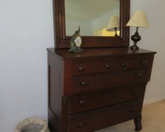 Antique American Empire Style Dark Wood Chest of Drawers with Matching Mirror