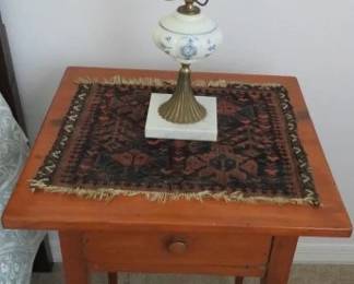 Wooden Single Drawer Nightstand/Milk Glass & Brass Hurricane Table Lamp
