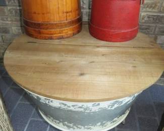 Antique Wooden Firkin Sugar Buckets/Metal Washtub Flip Top WoodStorage Table