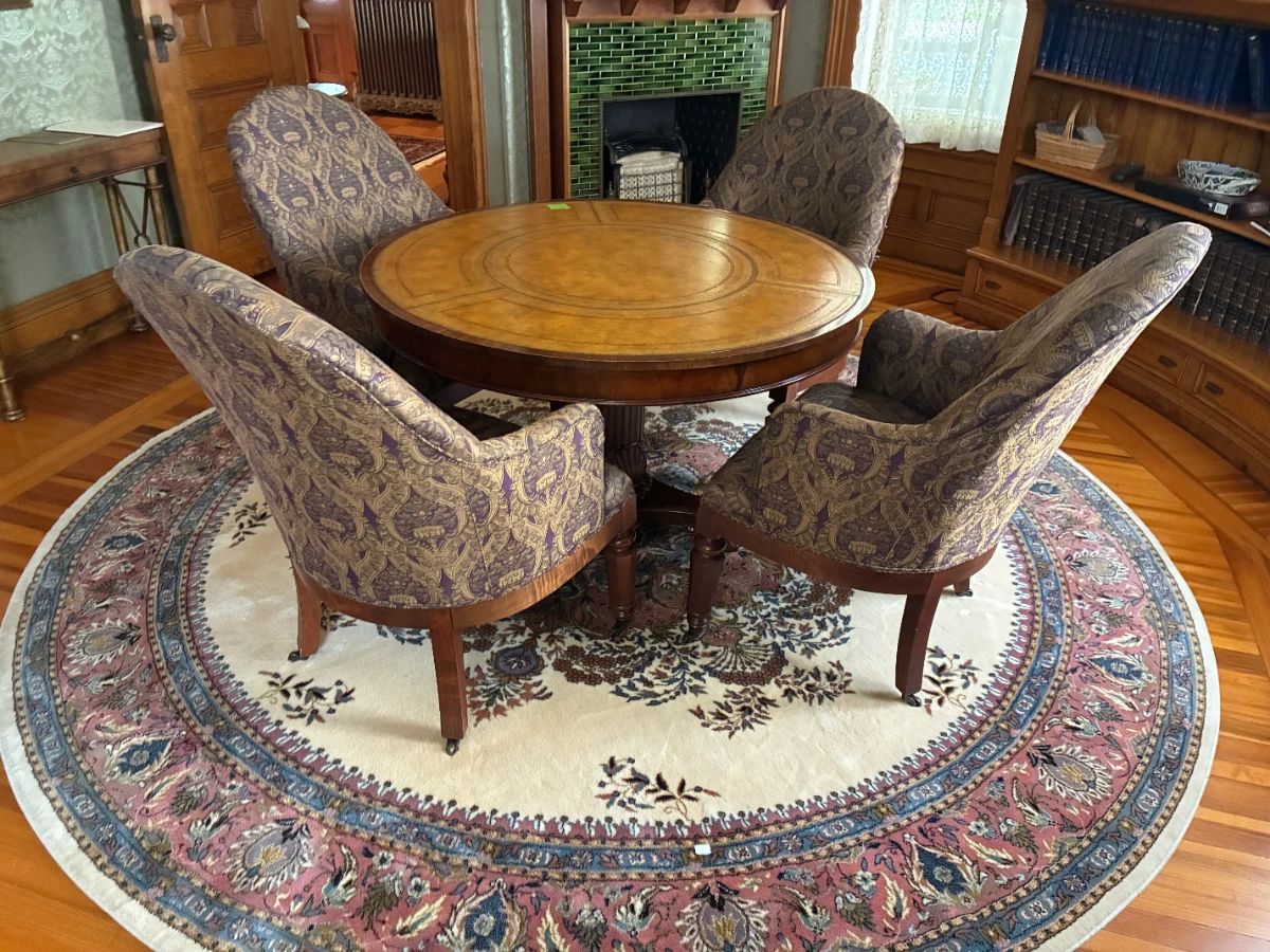 Marquetry Leather Pedestal Table with Four Upholstered Chairs