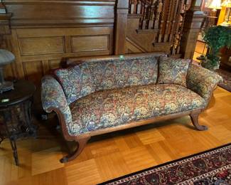 Antique Victorian Carved Wood Sofa with Floral Tapestry Upholstery