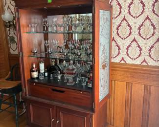 Large Ornate  Carved Mahogany Bar Cabinet with etched glass doors