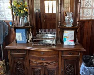 Large Carved Wooden Sideboard with Integrated Mirror and shelving
