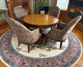 Marquetry Leather Pedestal Table with Four Upholstered Chairs
