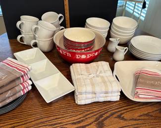 Williams Sonoma and more dish towels, dishes and metal popcorn bowls