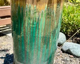 vibrant Teal Drip-Glazed Ceramic Tall Cylinder Planter.