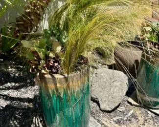 vibrant Teal Drip-Glazed Ceramic Tall Cylinder Planter.