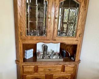 vintage Late 20th Century Country Oak Leaded Glass Corner Hutch