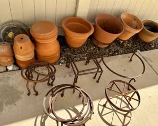 Misc terra cotta pots and cast iron plant stands lot