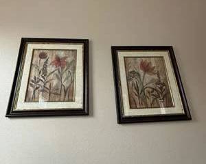 Pair of Framed Botanical Floral Prints – Red Flowers with Decorative Matting