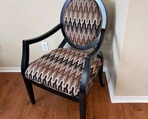 Black Wood Accent Armchair with Round Back & Geometric Upholstery