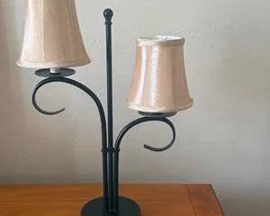Black Metal Double Table Lamp with Scroll Arms & Fabric Shades
