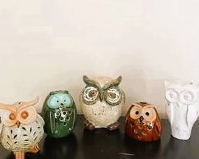 Set of 5 Decorative Ceramic Owl Figurines | Rustic Farmhouse Woodland Home Décor | Owl Statue Collection
