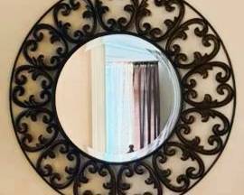 Round Black Wrought Iron Scrollwork Wall Mirror