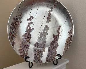 Large Round Decorative Metal Platter with Purple Floral Design & Display Stand