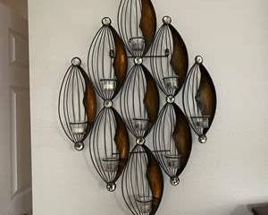 Decorative Metal Wall Art with Amber Leaf Accents & Votive Candle Holders