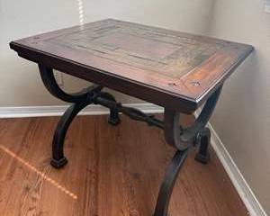 Rustic Wood & Black Metal Accent Table with Decorative Curved Legs