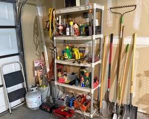 Garage & Workshop Tool Lot | Floor Jack, Battery Charger, Garden Tools, Shelving, Hand Tools & Automotive Supplies