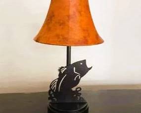 Bass Fish Table Lamp with Rustic Faux Leather Shade | Fishing Cabin Lodge Accent Lamp