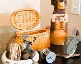 Rustic Cabin & Fishing Décor Lot | Carved Bear, Wicker Basket, Fish Sculpture, Moose Coasters & Accessories